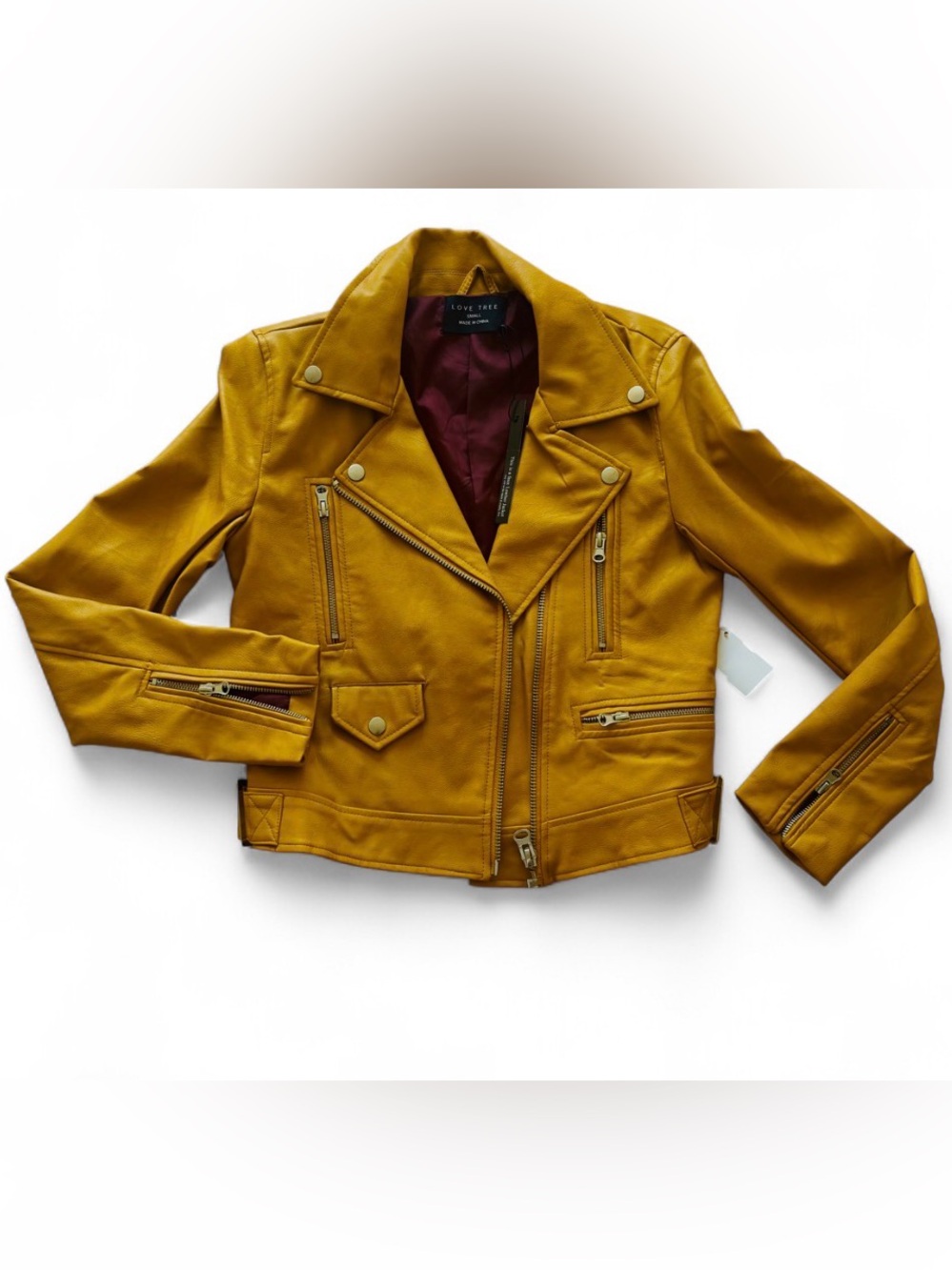 Love Tree Crop Mustard Yellow Faux Leather Moto Jacket